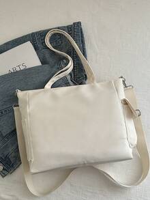 Bolso de mano de mujer de moda, unicolor minimalista para trabajos escolares, de gran capacidad apto para trabajo, clase, versátil y exquisito - Beis - Ver 7