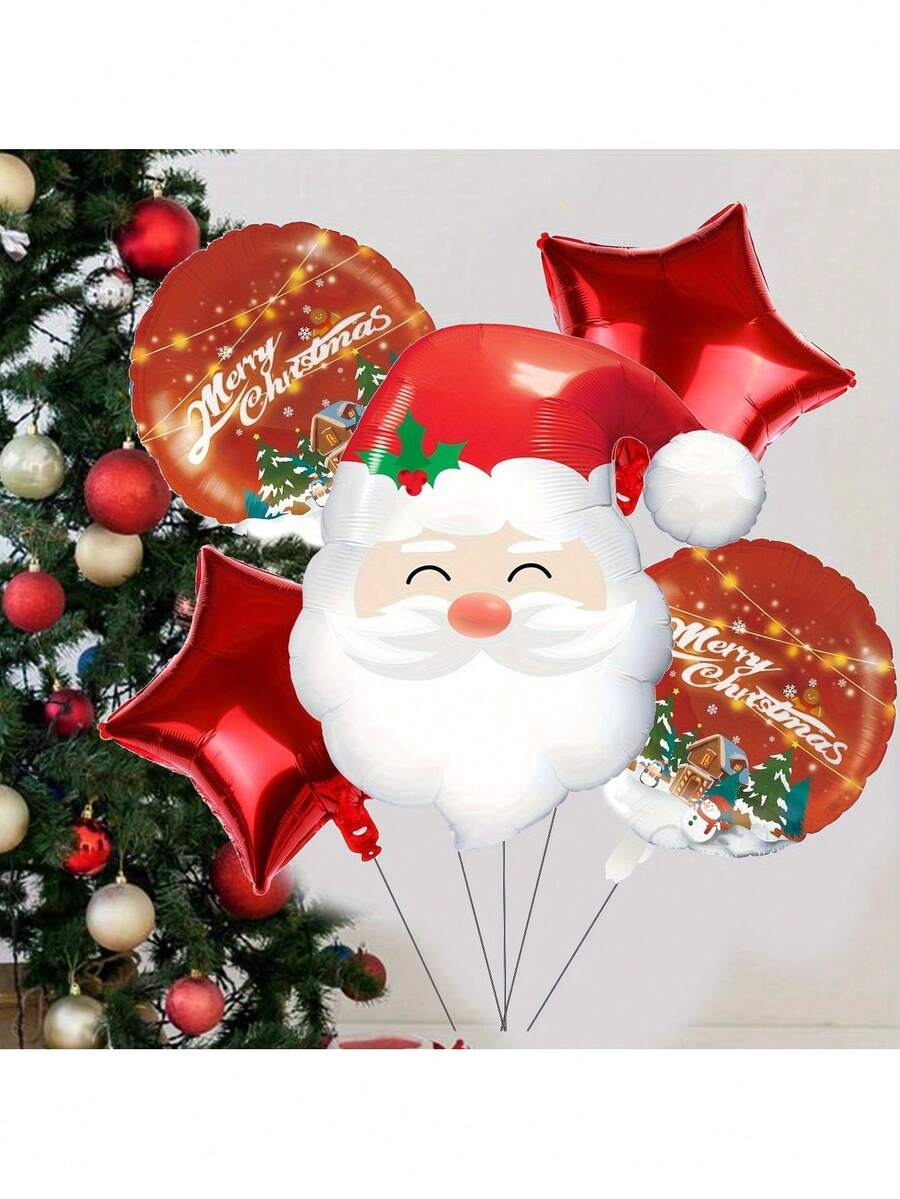5pcs Santa Claus & Star Shaped Aluminum Foil Balloons Set, Suitable For Indoor/Outdoor Decoration, Christmas, New Year, Anniversary And Holiday Party Decor, Christmas Gift Balloon