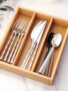 1pc Bamboo Kitchen Drawer Organizer, Silverware Cutlery Tray, Kitchen Utensil Holder And Drawer Organizer, Household Essential Kitchen Utensil Storage For Women Storage Organizer Travel Essentials Back To School Dormitory Storage Fall Decor - Khaki - View 4