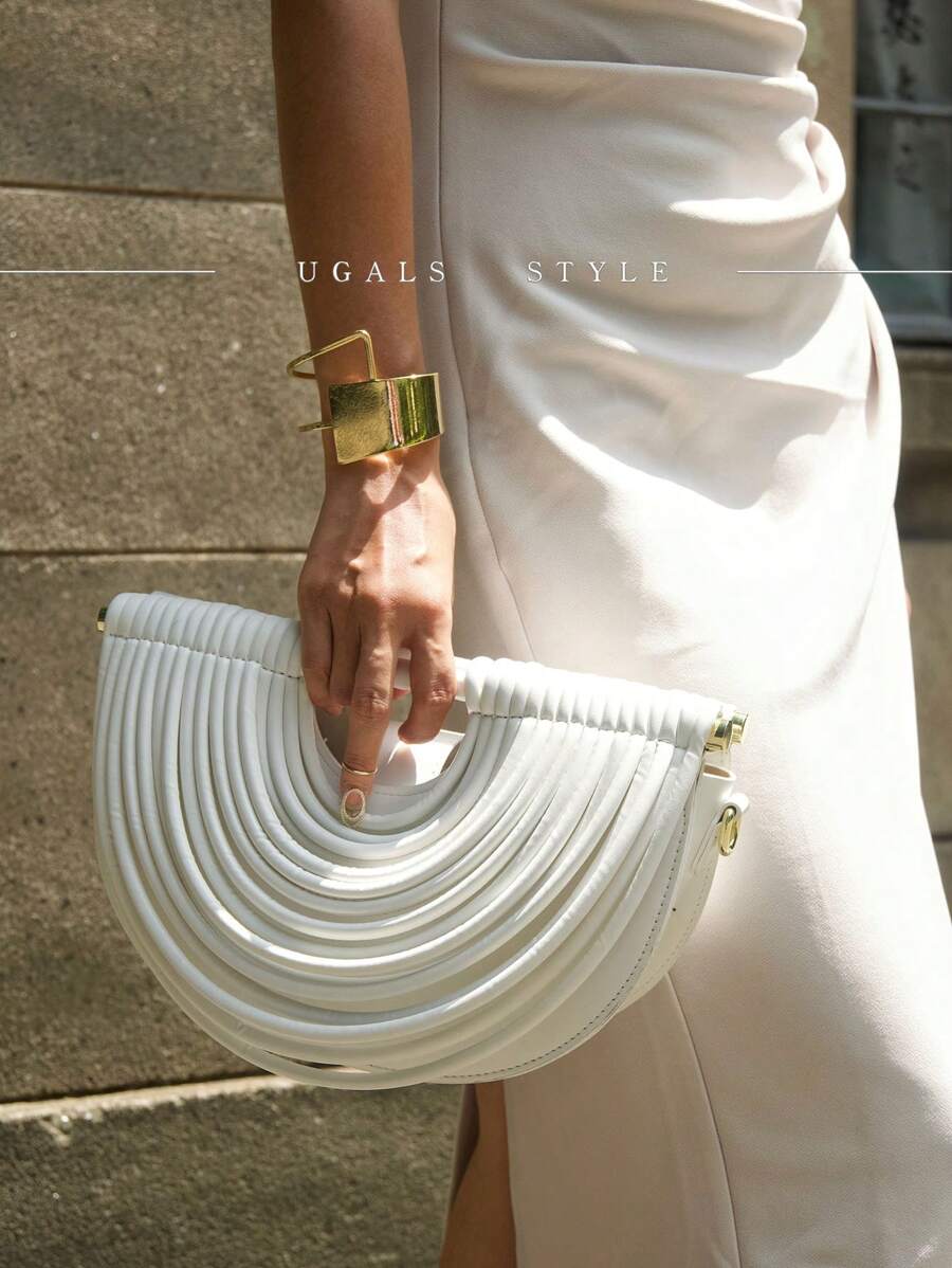 奢华女士派对手提包，精致条纹纹理纯色斜挎包，大容量异形包，气质晚宴包，非常适合度假、派对、婚礼、宴会/宴会，可搭配日常礼服、舞会礼服、生日礼服、女士礼服派对 - 白色 - 查看 1