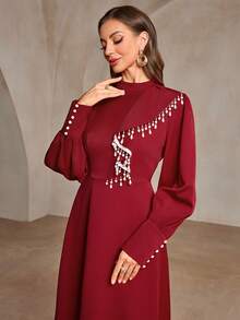 Stylish Red Long Arabian Dress With Stand Collar Puffed Sleeves And Unique Beaded Fringe Accent - Red - View 3