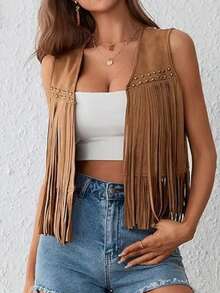 Women's Suede Tassel Vest 70s Hippie Outfit Sleeveless Open Front Vest Western Jacket - 棕色 - 查看 2