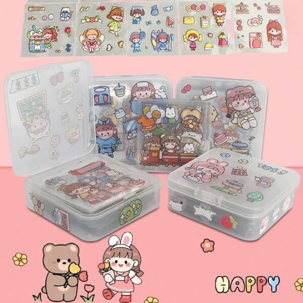 100/50/20pcs (Boxed) Cute Transparent Girl PET Sticker Collection, For Scrapbooking/Diary, Cartoon Characters, Animals, Buildings, Gifts, Flowers, Fruits, Instruments, Easy Peel & Stick, Suitable For Luggage, Laptop,School Supplies,Back To School