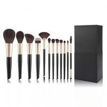 12件套高级黑金化妆刷套装，包括柔软散粉刷、轮廓刷、腮红刷、粉底刷、眼影刷 + 磁性黑色收纳盒 - 彩色 - 查看 12