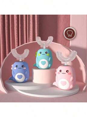 قطعة واحدة - فرشاة أسنان كهربائية على شكل حرف U للأطفال (مع رأس فرشاة واحد)، فرشاة أسنان موجية للأطفال (3 أوضاع)، ديناصور كرتوني تنظيف 360 درجة تصميم مقاوم للماء IPX7، مناسب كهدية عيد ميلاد للأولاد والبنات.