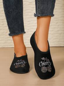 Women's Comfortable Warm Indoor Slippers; Fashionable Leopard Print & Cherry Pattern Yoga Shoes - Black - View 2