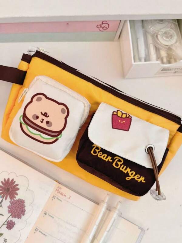 1pc Bear Burger Design Pencil Case, Large Capacity Stationery Storage Bag