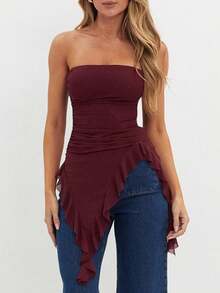 1件装女士时尚性感纯色荷叶边不对称下摆抹胸上衣夏季 - 酒紅色 - 查看 1