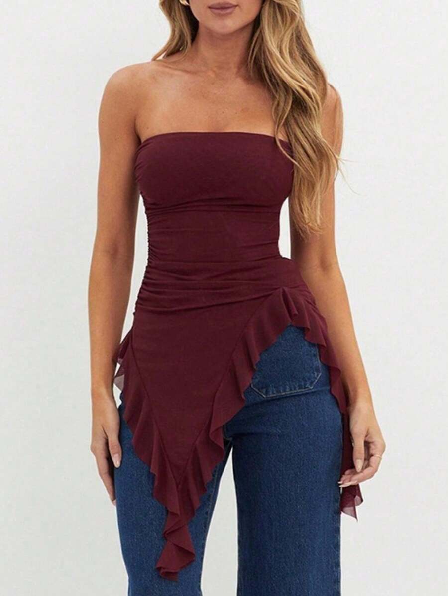 1件装女士时尚性感纯色荷叶边不对称下摆抹胸上衣夏季 - 酒紅色 - 查看 1