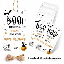 50 Pcs Happy Halloween Tags With String - Halloween Gift Tags, 1.57x2.76Inch,White Paper Boo Ghost Pumpkin Labels For Gift Wrapping, Party Favor, DIY Crafts