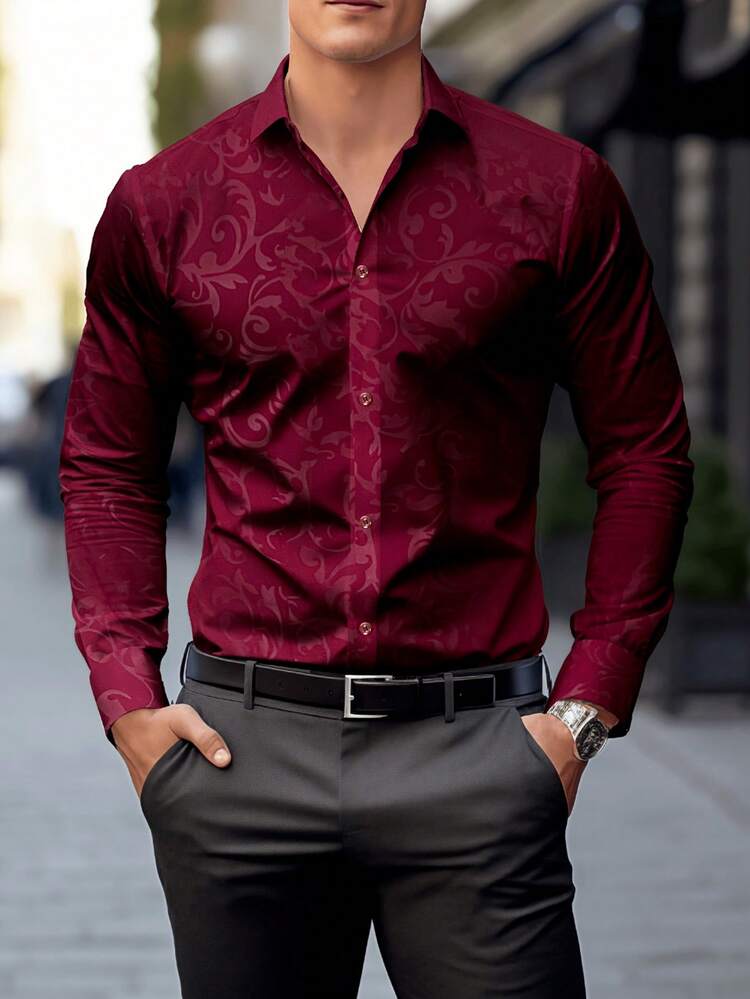Men's Minimalist Tonal Pattern Business Formal Long Sleeve Shirt, Fall - Burgundy - View 1