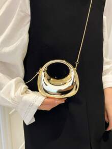 Stylish Metal Color Fashion Round Evening Bag With Circular Ring Moon Design, Multipurpose Shoulder/Crossbody/Handheld Mini Clutch Purse For Women , Wedding, Party Bags - Gold - View 4