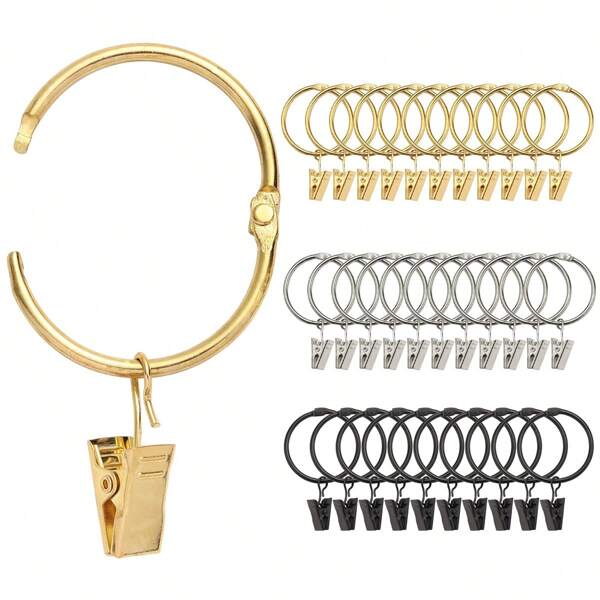 Juego de 10 piezas/30 piezas/50 piezas de anillos con pinzas para cortinas (32 mm/1,25 pulgadas, 50 mm/1,96 pulgadas) de metal resistente a la oxidación abrible, colgadores decorativos de cortinas, color dorado/negro/níquel