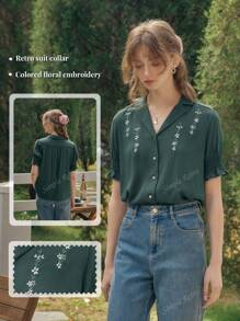 Simple Retro Blusa de verano con estilo retro elegante con botones encontrados, bordados y mangas cortas, para mujer, ideal para uso casual o de vacaciones durante la primavera y el verano