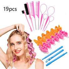 19 件套 DIY 免热卷发器和编织套装、魔法螺旋卷发器套装、水波卷发器套装、编织网卷发钳、波浪卷发发型师、礼品工具、长发免热螺旋卷发器、女士免热魔法卷发器，可卷发和造型，适用于沙龙、家庭、旅行、返校、旅行度假必需品、女士发饰