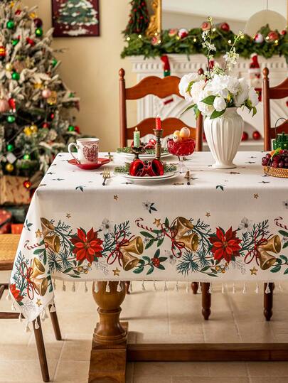 1 件圣诞桌布，圣诞花卉桌布，带铃铛和一品红花朵印花，米色流苏装饰，可水洗竹纹理桌布，适用于厨房、餐厅、客厅、派对、庆典、圣诞节和新年装饰和礼物，圣诞快乐