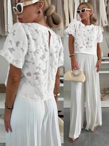 女士时尚优雅花卉蕾丝镂空圆领上衣，夏季