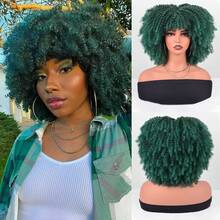 Short Afro Kinky Curly Wig With Bangs For Women High Temperature Synthetic Hair Wig Curly Afro Wigs For Women - Curly Afro Wigs Black Wig For Women Brown Gold Gradient 12 Inch Replacement Wigs Party Use Natural Black Hair Carnival Cosplay Wigs - Màu xanh lá cây đậm - Xem 8