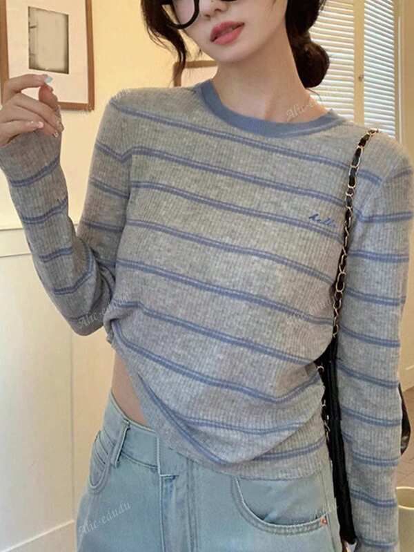 Alicedudu Parte superior de cuello redondo con rayas y bordado de letras para mujeres, apropiada para primavera, otoño e invierno