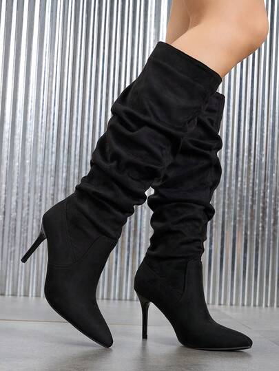 Women's Pointed Toe Pleated Stiletto Ankle Boots, Warm Winter Boots, Slip-On Design, Sexy & Elegant Party Knee-High Boots, Black