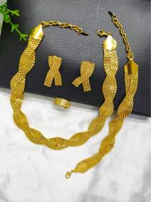 4 Stücke Damen Goldplattiertes Seilschmuckset: Halskette, Ohrringe, Ring, Armband, geeignet für Saudi-Arabien, Naher Osten, Dubai, Europa, Afrika, Braut, Hochzeit, Bankett, Date, Kleid, Muttertag, Abschluss, Urlaubsgeschenk