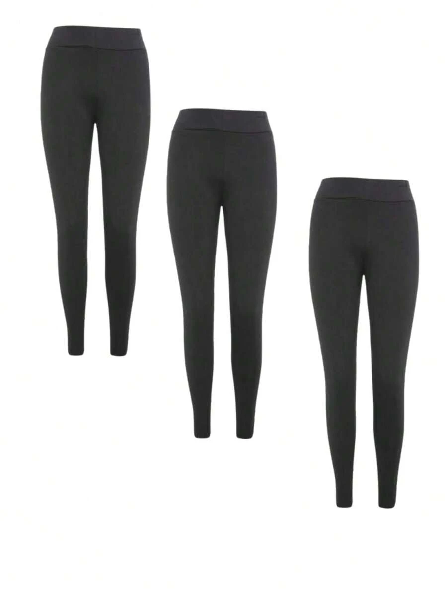 3 PACK Casual Versatile Simple Seamless Solid Color Leggings - Black - View 1