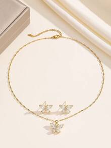 1 Set de collar y aretes de acero inoxidable, diseño de lujo con rhinestones enlazados, conjunto de joyas formales personalizadas, sin caja de regalo incluida - Mariposa dorada - Ver 4