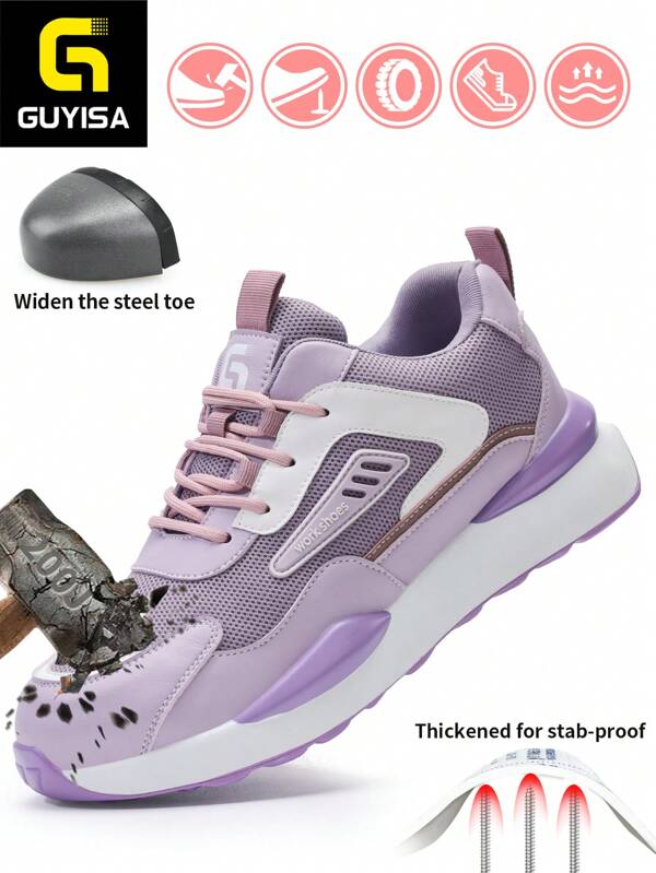 GUYISA Veiligheidsschoenen voor dames met stalen gesloten neus, anti-kras en anti-perforatie, modieuze, casual, platte, ademende, lage, lichte werkschoenen, roze