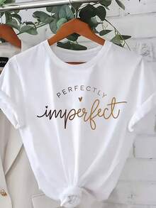Women's Casual Short Sleeve-Shirt With Perfectly Imperfect Golden Glitter Lettering & Heart Design - Relaxed Fit Round Neck, Breathable Mid-Stretch Fabric, Washable Spring Summer Fall Top, Ladies Shirts, Seasonal Fashion, Playful Graphic Tee, Soft Texture Shirt - 白色 - 查看 1