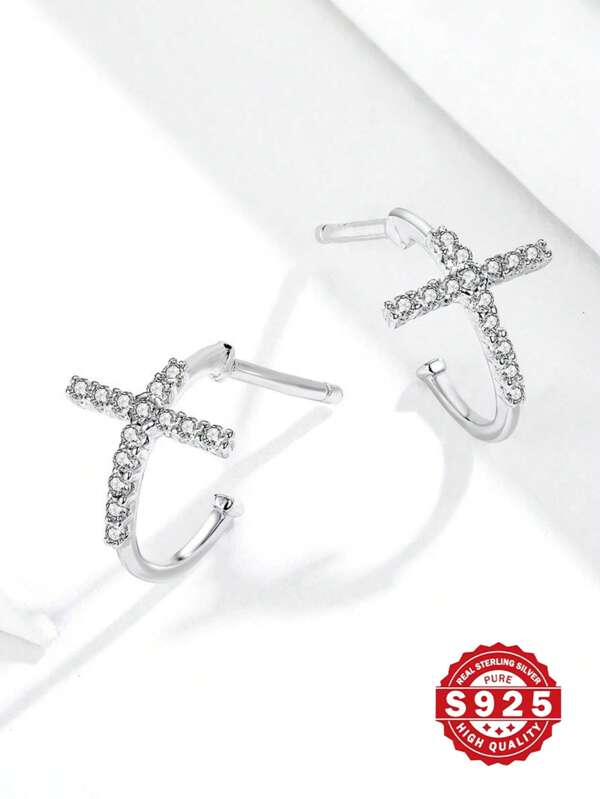 1 Pair 925 Sterling Silver Earrings With Moissanite Diamond Cross Design, High Quality Jewelry Gift Box Included, Suitable For Women Daily, Casual, Work, Travel, Party Wear