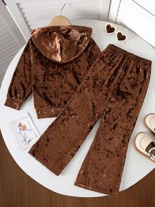 2Pcs Autumn/Winter Young Girls Vintage Rhinestone Letter Pocket Long Sleeve Hoodie Sweatshirt And Solid Comfort Velvet Pants Set, Elegant Stylish Solid Color Fall/Winter Girl Outfit - Brown - View 2