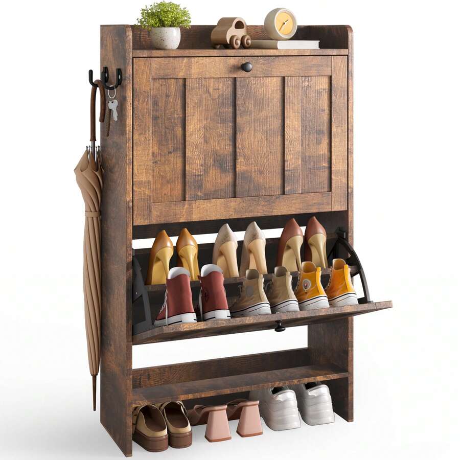 Shoe Cabinet With 2 Separate Drawers, 2 Levels Of Shoe Storage, Flip-Down Compartments, Anti-Tip Device, Suitable For Use On Doors, Available In 3 Colors - Retro - View 1