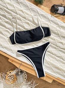Women Simple Spliced Tie Back Sexy Bikini Set High Waist Bathing Suits Beach Outfit