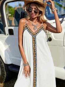 Plus Size Long Viscose Dress With Stripe Details And A V-Neck With Spaghetti Straps. - White - View 1