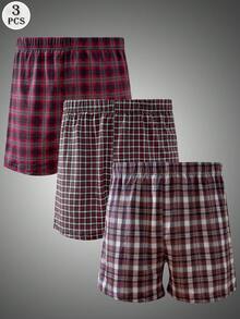 3pcs/Pack Men's Plaid Boxer Briefs, Thin & Comfortable Elastic Waist Loose Breathable Long Underwear - Multicolor - View 1