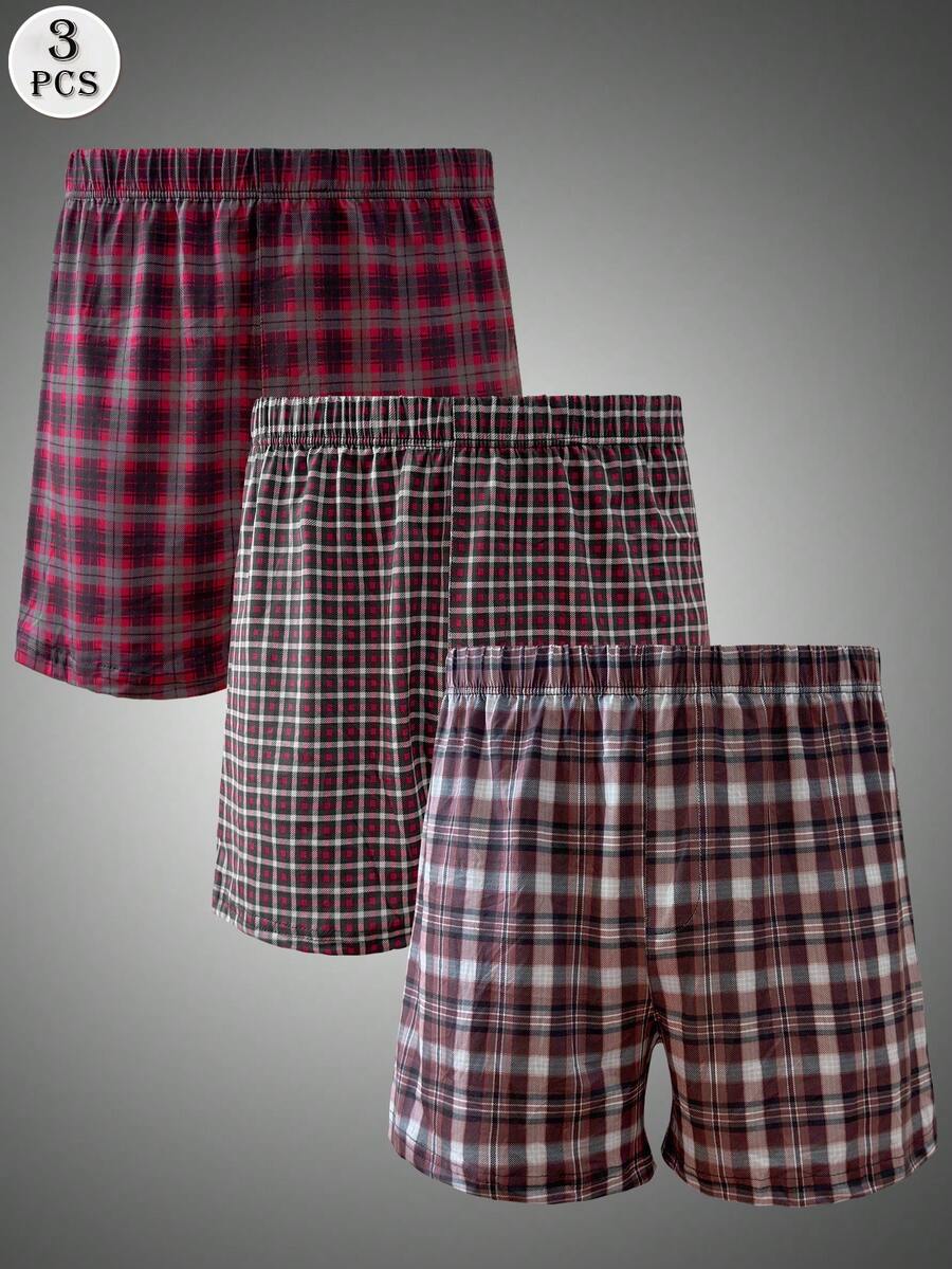 3pcs/Pack Men's Plaid Boxer Briefs, Thin & Comfortable Elastic Waist Loose Breathable Long Underwear - Multicolor - View 1