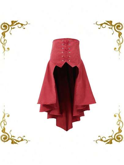 In Stock Medieval Steampunk Renaissance Pirate Asymmetrical Ruffle Lace-Up Midi Skirt For Women Halloween