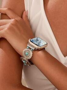 1件中性通用錶帶 波希米亞風綠松石圖案手鍊 合金彈簧時尚復古錶帶 適用於 38/40/41/42/44/45/49mm 與 Ultra 3/2/1/SE/10/9/8/7/6/5/4/3/2/1 系列，適合海灘夏季穿搭， 配件 - 銀色 - 查看 3