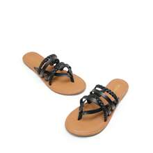 女士人字拖凉鞋多带轻便夏季休闲沙滩度假派对平底凉鞋 - 黑色 - 查看 7