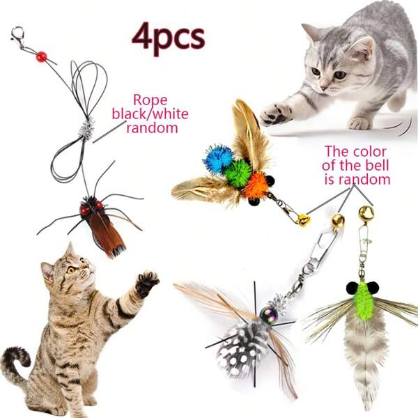 4pcs Cat Toys Refill Set, Realistic Insect Shaped Cat Teaser Toys With Bells, Bite-Resistant Detachable Feathers, Interactive Cat Toy, Synthetic Fiber Feathers, Amusing Cat Playing Toys