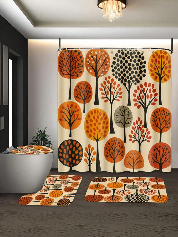 1/4 piezas Cortina de ducha de un panel con diseño de árbol de otoño impreso, cortina impermeable para la ducha, cortina para ventanas con 12 ganchos