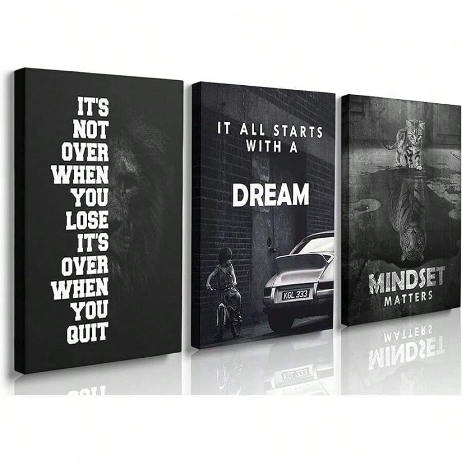 GUBIYU Black Hustle Grind Execution Wall Art Set Of 3 Framed Canvas Office Inspirational Motiviational Wall Decor Art Positive Quotes Posters Living Room Pictures Walls Decor Mens Guys 12x16 - A002 黑白勵志牆飾 - 查看 1