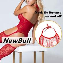 Womens Fishnet Bodystocking Sexy Lingerie Halter Bodysuit With Suspenders Mesh Body Stocking Stretchy Tights - màu đen - Xem 3