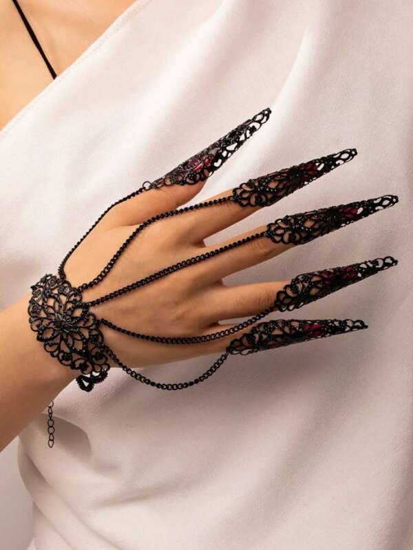 1pc Gothic Style Halloween Ghost Monster Connected Finger Chain, Punk Spike Nail Decor Finger Ring Cosplay Accessory
