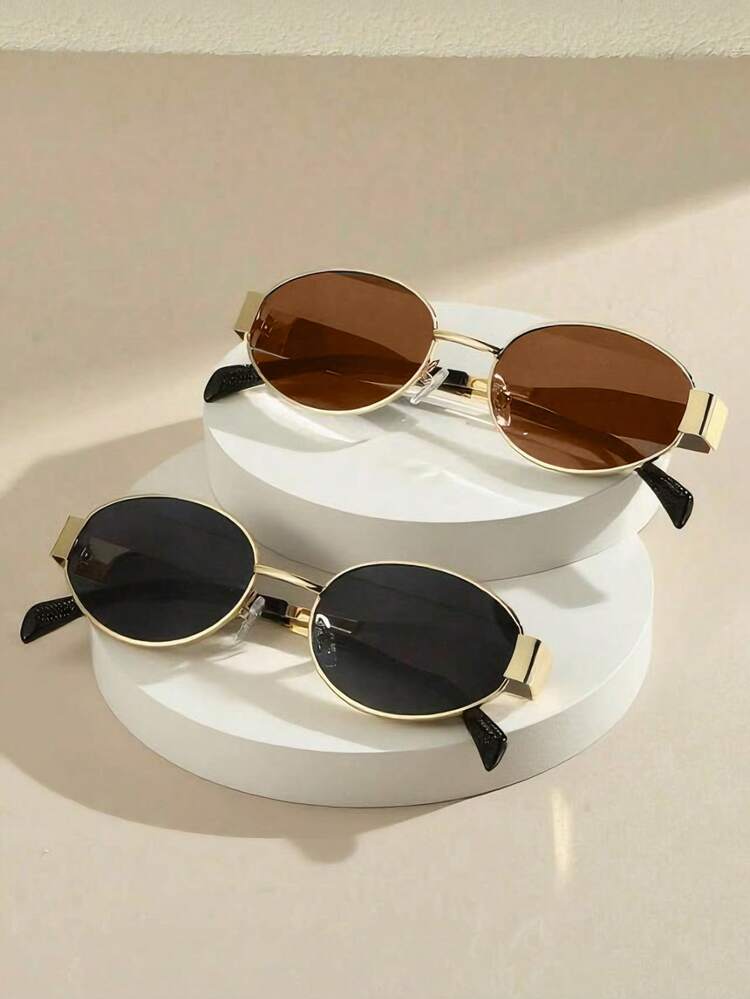 2 件套女士夏季时尚复古椭圆形金属框装饰眼镜，男女通用眼镜，适合街头潮流、日常通勤和拍照 - 彩色 - 查看 2