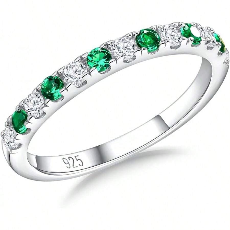 Birthstone Rings Eternity Band 925 Sterling Silver/Yellow Gold Created Gemstone Stackable Wedding Band Half Eternity Rings For Women Size 6 To 102025 - 05. 五月 / 創建祖母綠 - 查看 1