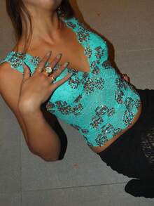 Women Y2k Lace Sheer Crop Tank Top Sleeveless Sparkle Sequin Floral Vest Tops Summer Sexy V-Neck Glitter Backless Crop Top Going Out Tops Slim Fit Shirt Summer Vacation Party Clubwear Vintage Aesthetic Clothes 90s - 綠色 - 查看 2
