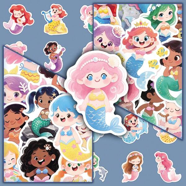 50pcs Cute Cartoon Mermaid Themed Decorative Stickers, Suitable For Luggage, Tablet Computer