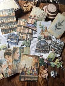 25 件/包复古双材质白色牛皮纸贴纸，图书馆女孩系列，黑暗主题图书馆日记剪贴簿装饰贴纸材料，适用于学校用品，返校