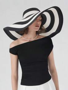 1pc Summer Straw Hat, Fashionable & Elegant, Wide Brim Straw Hat For Beach, Vacation (Striped Color Randomly Assorted, 9 Stripes Or 10 Stripes Random) - Black and White - View 2